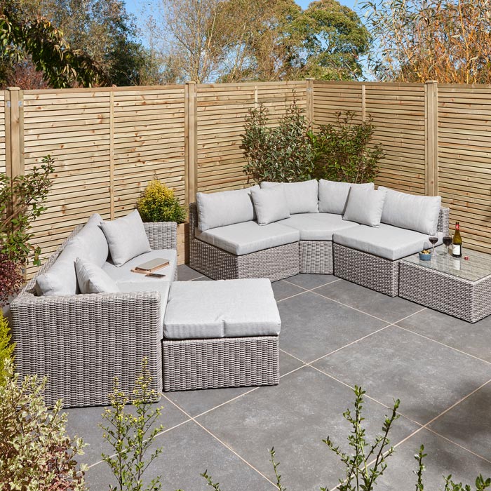 Multi piece set Over fifteen seating configurations Weatherproof rattan effect weave Glass table tops can be swapped for cushions creating additional seating or footstools Powder coated aluminium frames 8mm flat weave wicker Light grey cushions and seat pads included Toughened glass Comfortably seats up to eight people For indoor or outdoor use